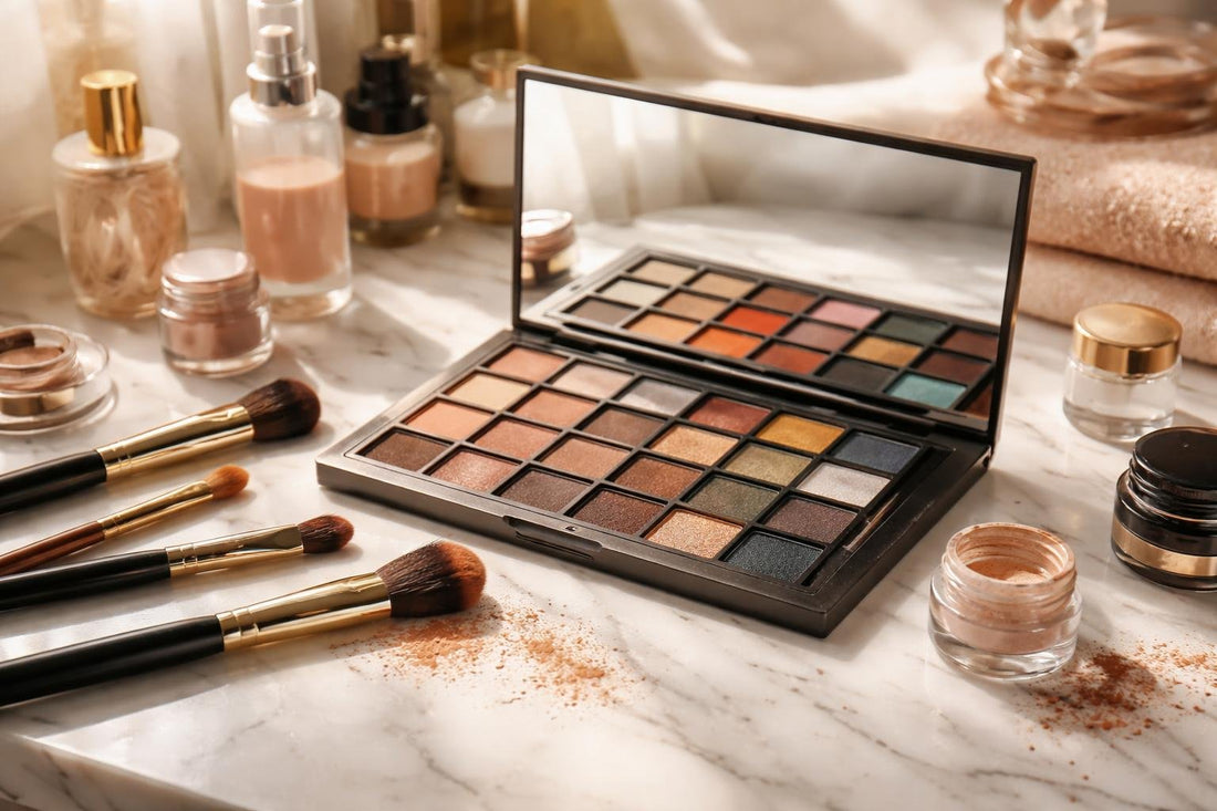 professional eyeshadow palette and brushes close-up