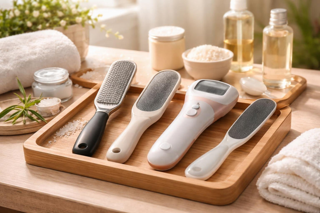 professional foot files displayed on a wooden surface
