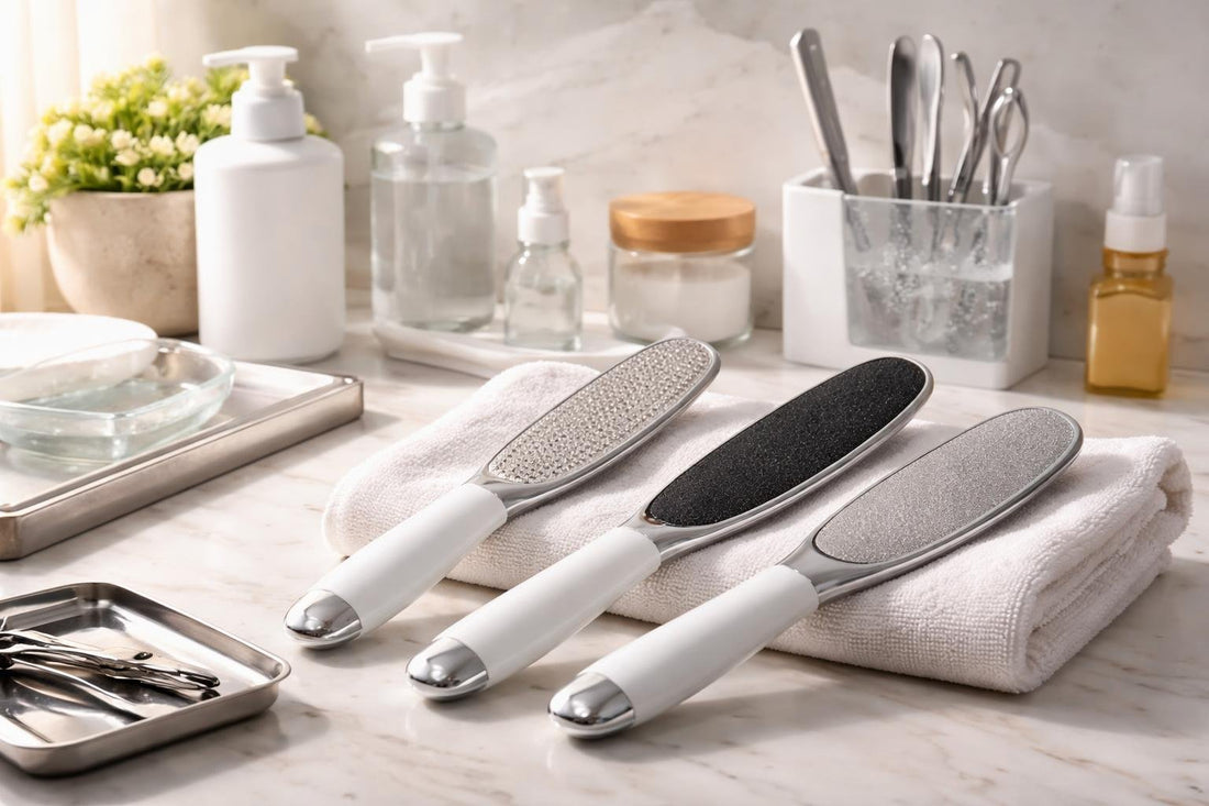 Professional foot files and pedicure tools on counter