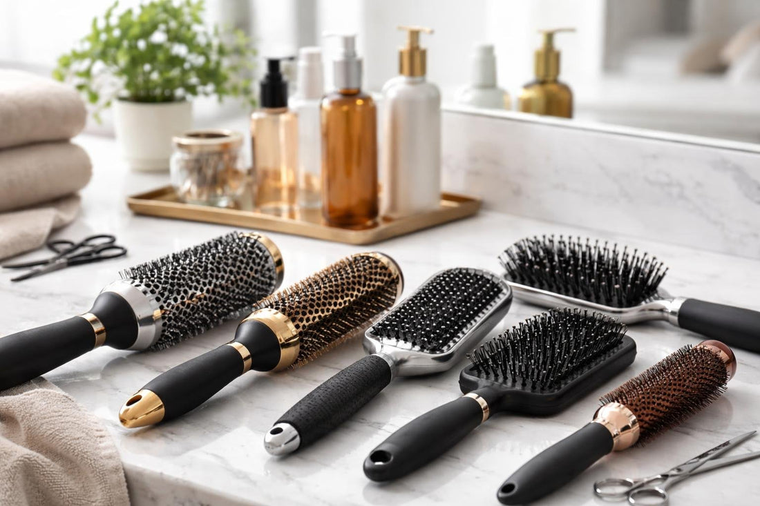 Professional hair brushes laid out for Ontario salon use