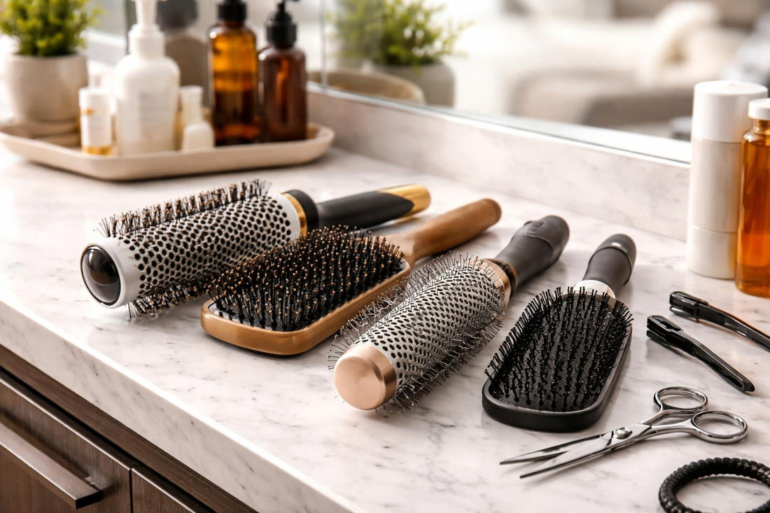 Professional hair brushes on salon counter in Canada
