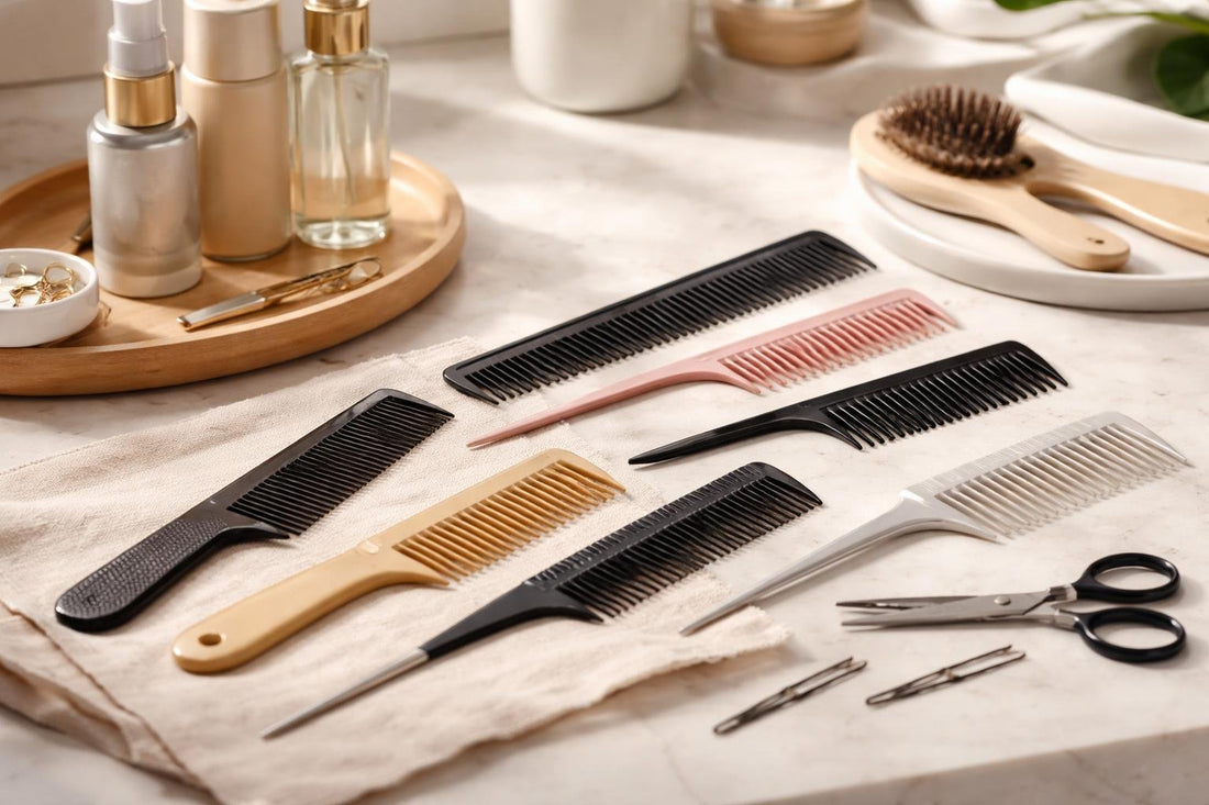 Assorted professional and budget hair combs on table