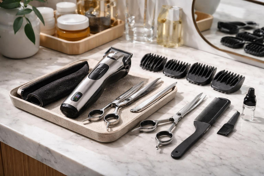 Professional hair cutting kit with clippers, guards, shears