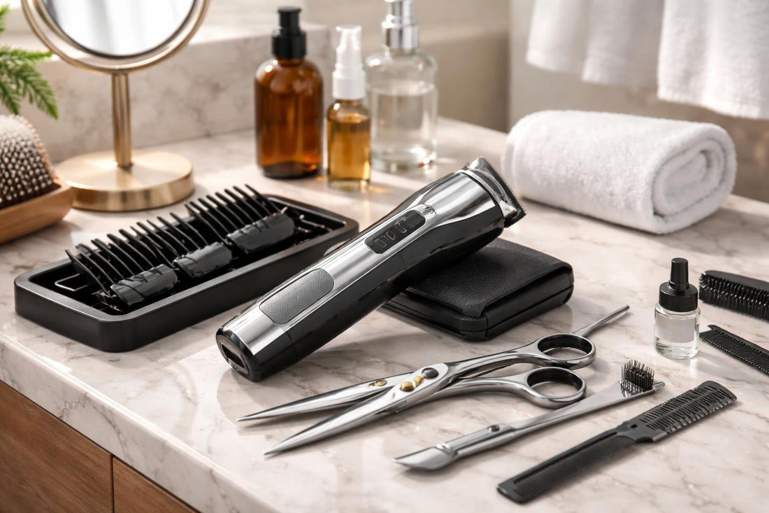 Professional clipper and shear hair cutting kit on counter