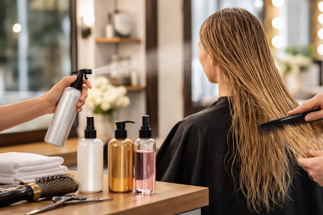 Salon stylist using professional hair detangler spray on clients