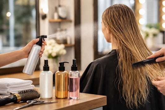 Salon stylist using professional hair detangler spray on clients