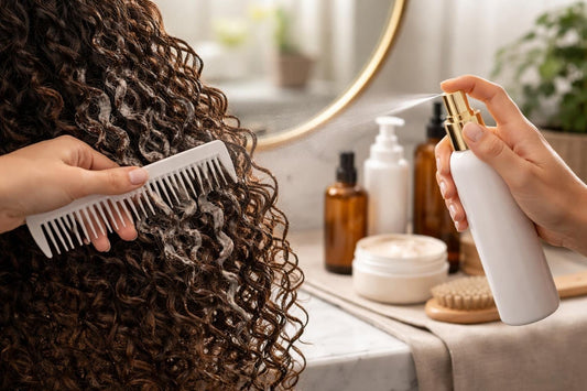 Professional hair detangler applied to thick curly hair sections