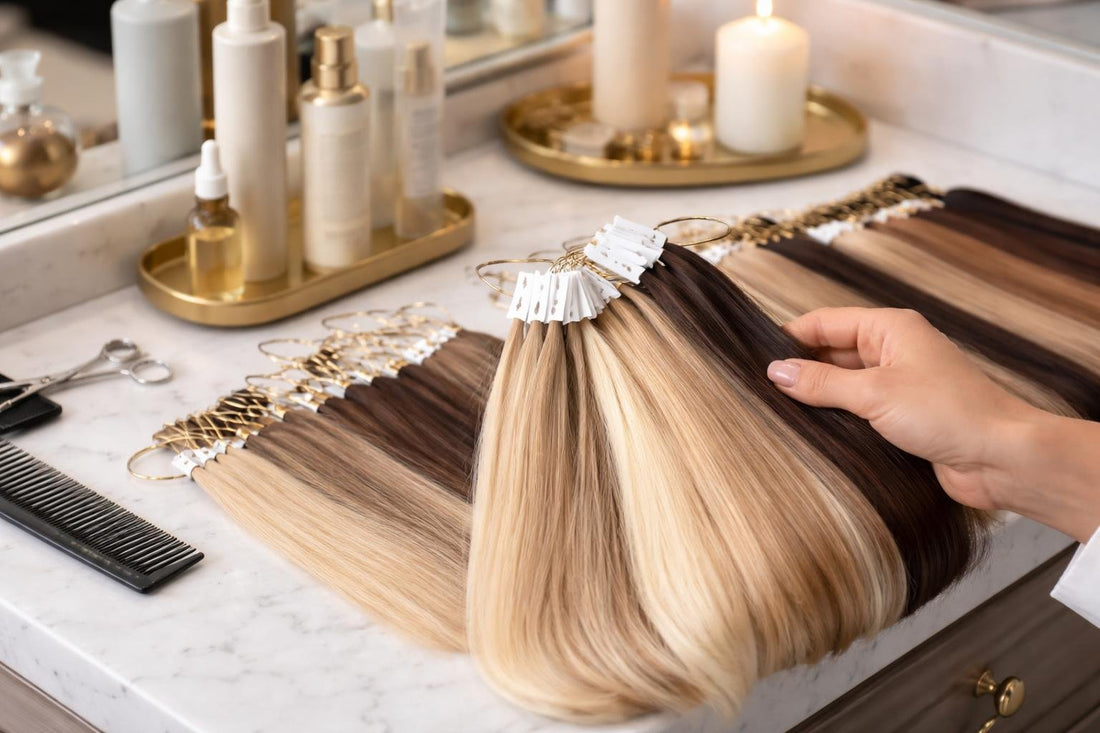 Toronto stylist choosing professional hair extensions samples