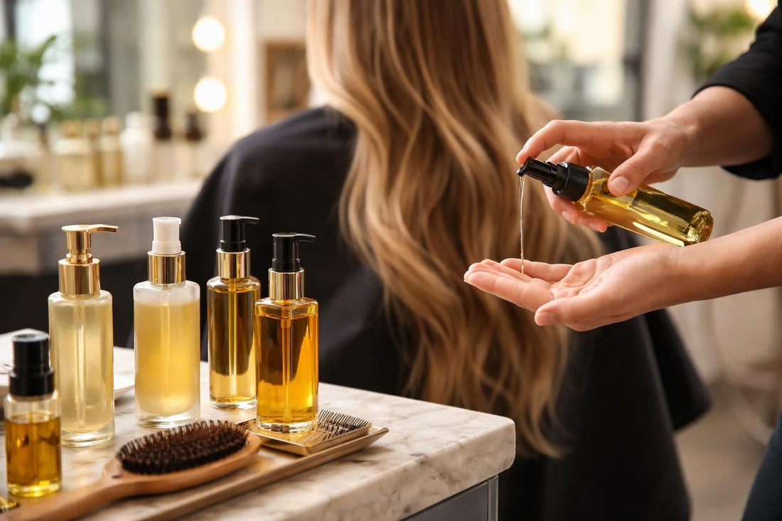 Salon stylist applying hair styling oil for shine