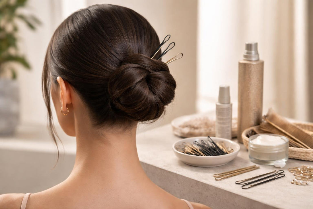 Professional hair styling pins holding a sleek low bun