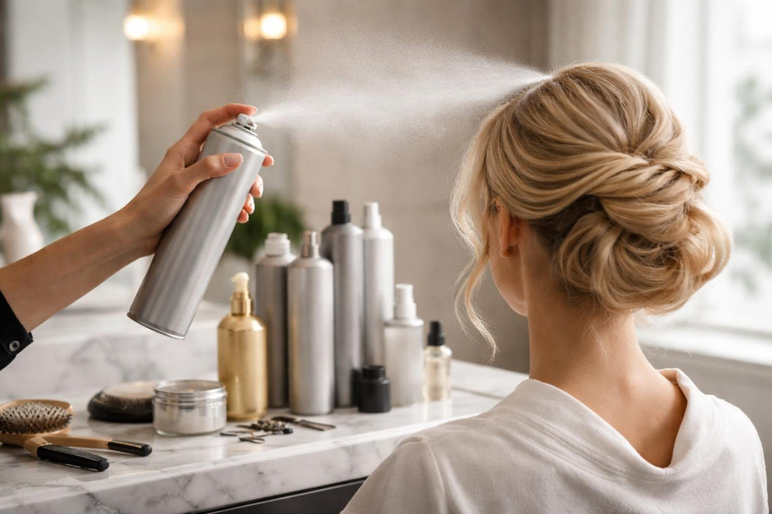 stylist applying finishing hairspray to styled hair