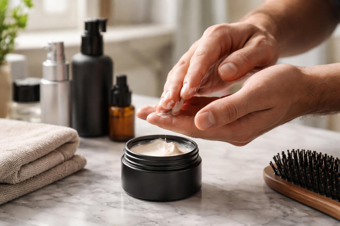 Hands emulsifying hair wax for clean textured finish
