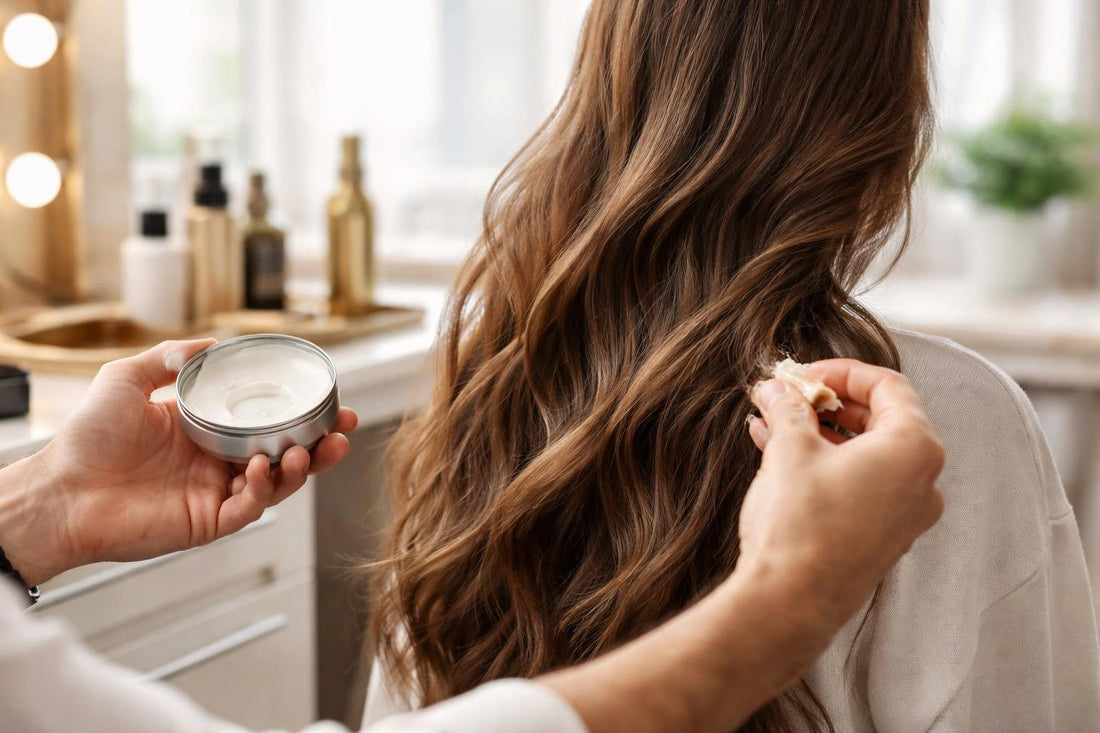 Toronto stylist applying wax to long hair for shine and hold