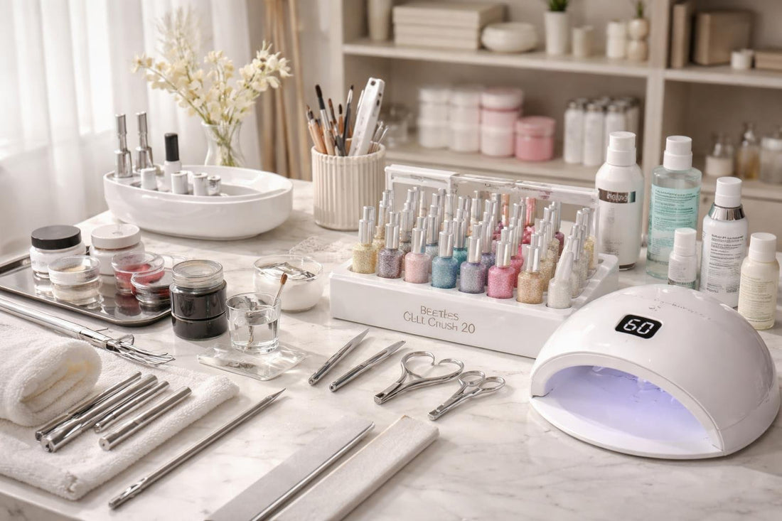 Professional nail studio kits and tools on workstation