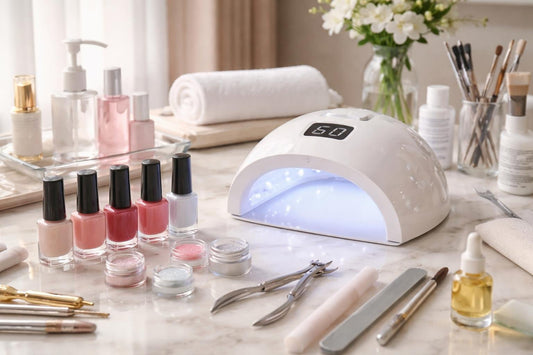Professional nail studio set with LED lamp and gel colours