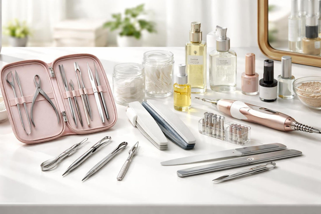 Professional nail tools kit laid out for beginners and pros