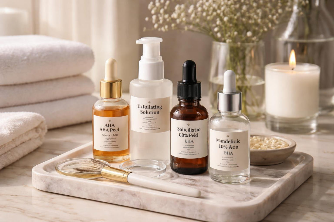 Professional facial peel collection products on bathroom counter