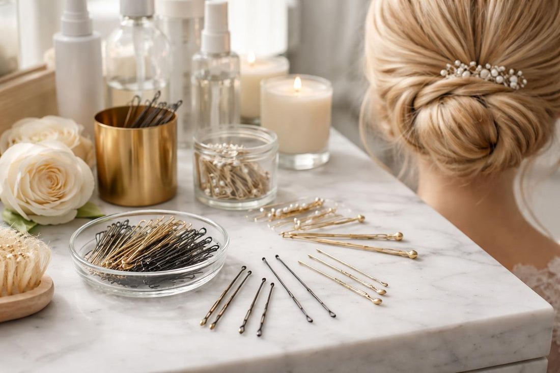 Professional hair styling pins holding a bridal updo securely