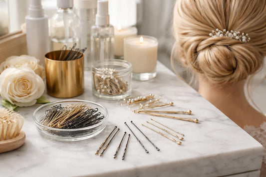 Professional hair styling pins holding a bridal updo securely