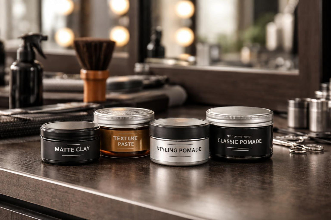 Barber styling pomades lineup in Toronto studio