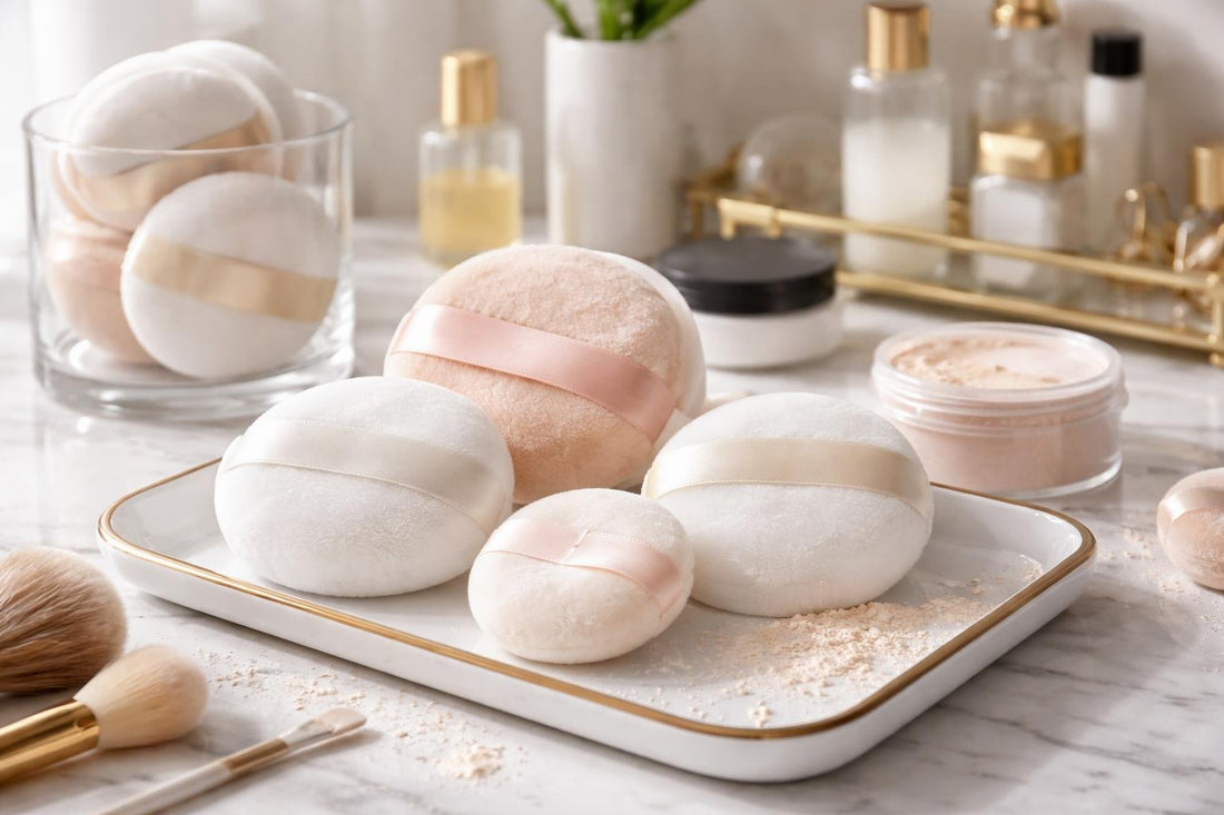 Salon professional powder puffs set closeup on table