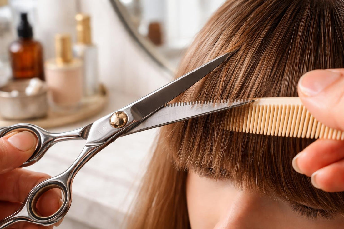 Professional hair cutting shears cutting fringe with precision