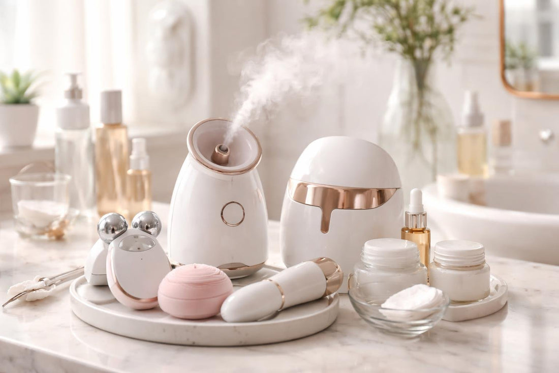 Professional skin care tools arranged for an at-home facial