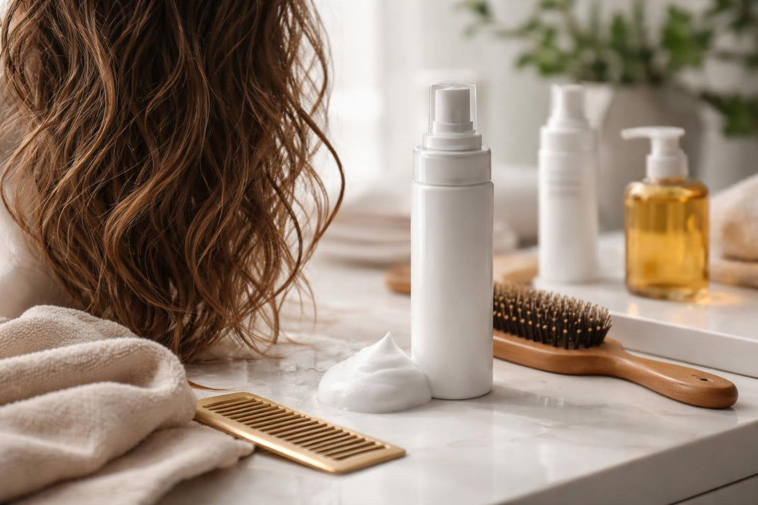 Professional styling foam applied to damp hair for frizz control
