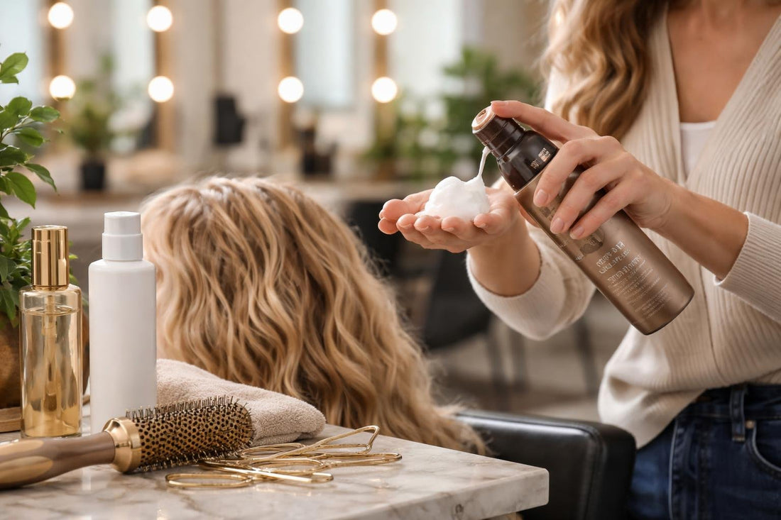 Toronto stylist applying volumizing styling foam