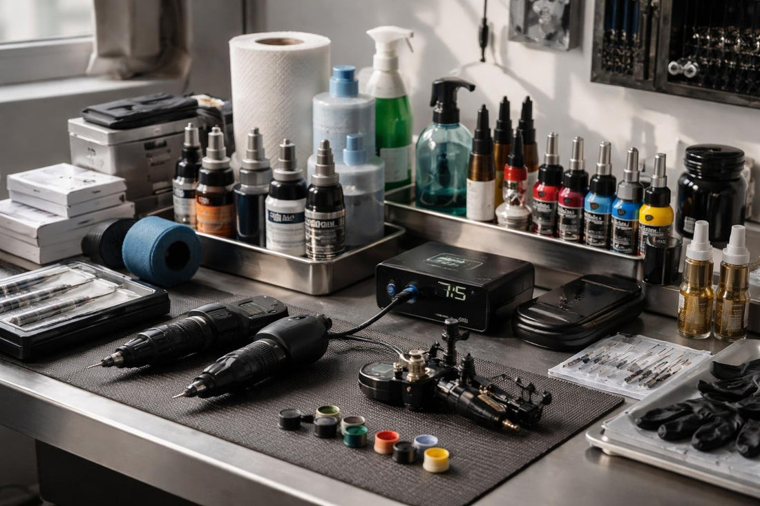 professional tattoo supplies kit on a workbench