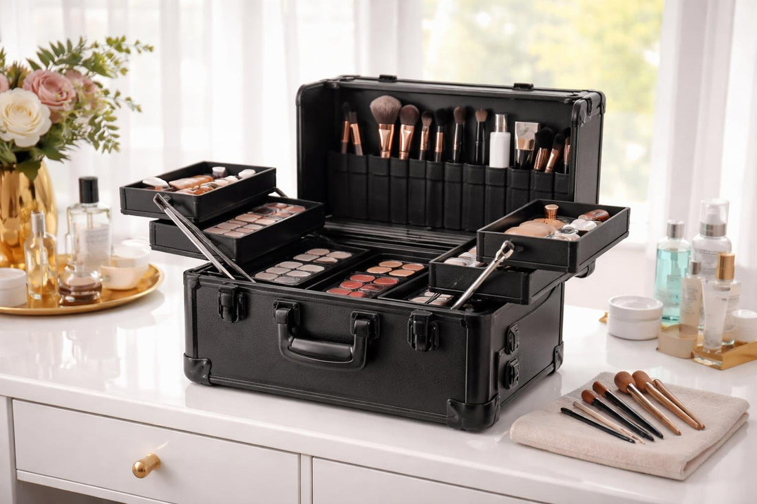 Durable professional cosmetic train case with compartments