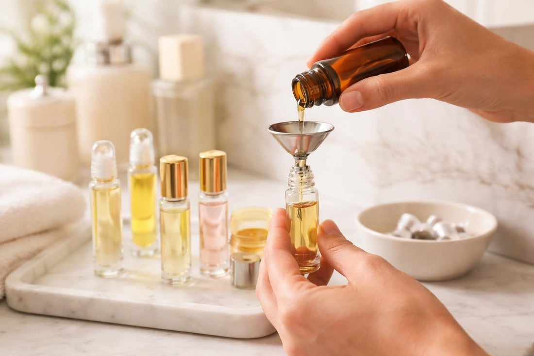 Hands refilling a cosmetic roller bottle with a mini funnel