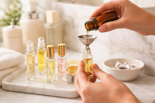 Hands refilling a cosmetic roller bottle with a mini funnel