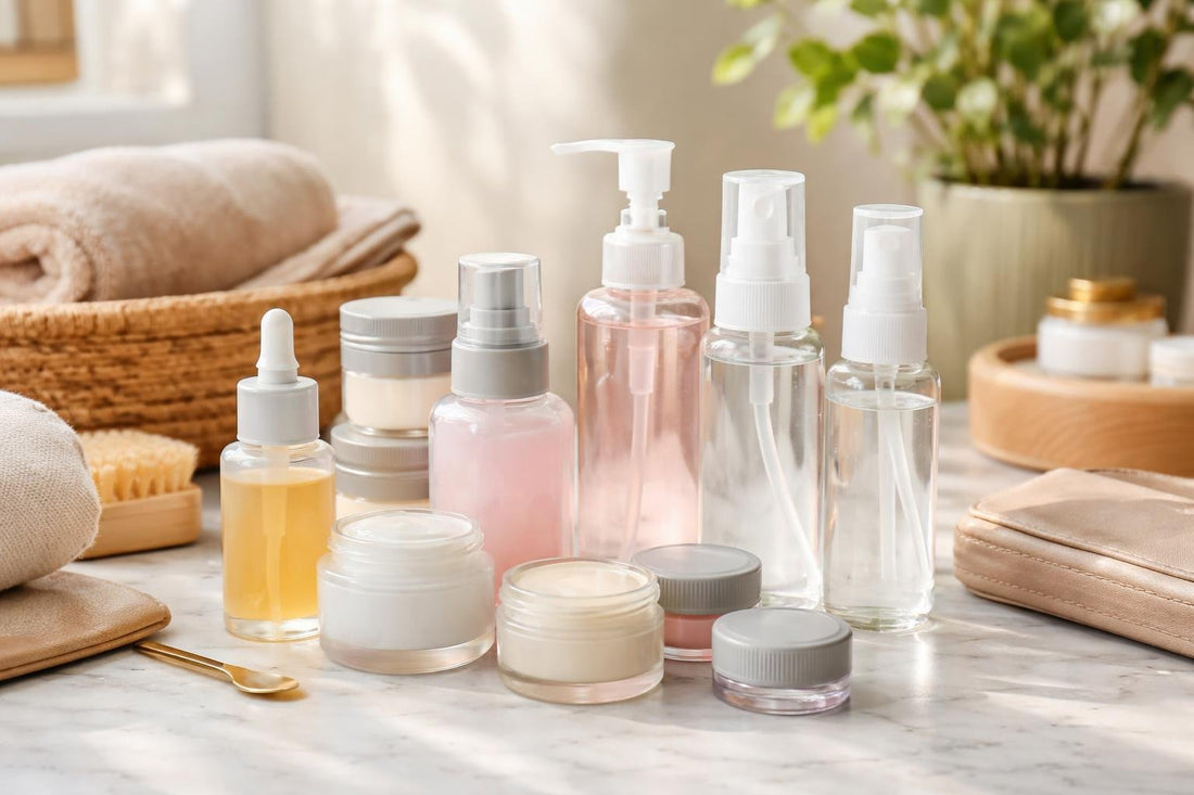 assorted refillable cosmetic containers and travel jars