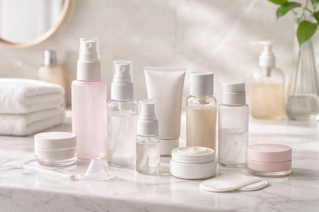 Refillable cosmetic bottles and travel containers set