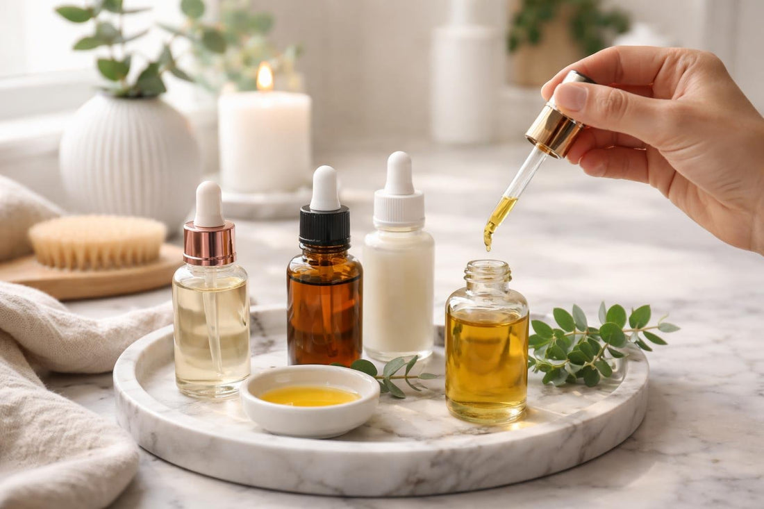 Beginner using refillable cosmetic dropper with DIY facial oil