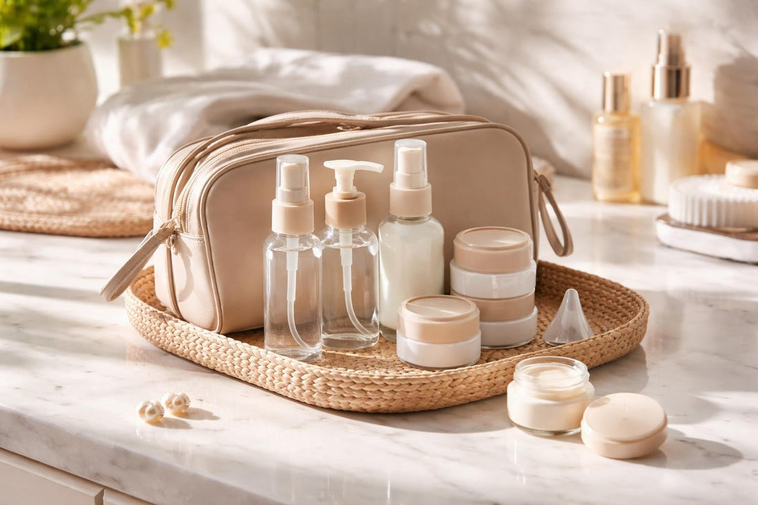 Refillable cosmetic container kits packed for travel touch ups
