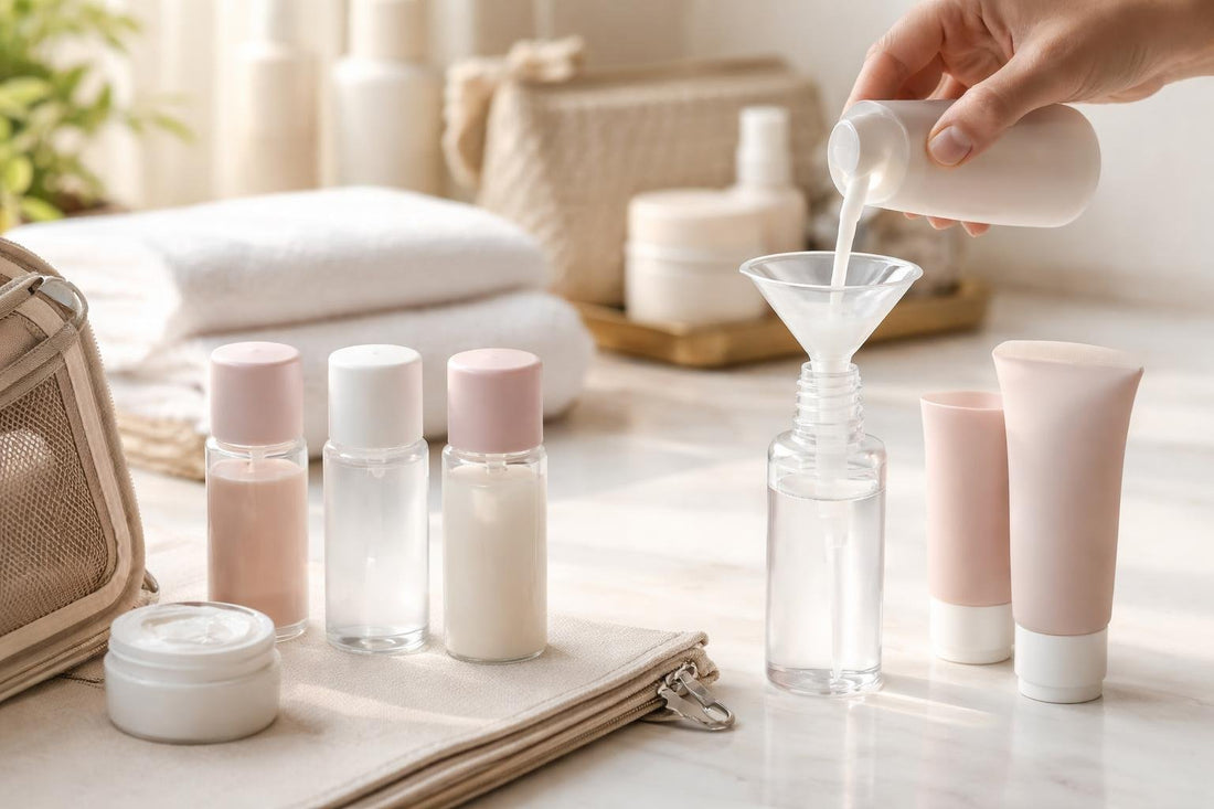 Refillable cosmetic containers being filled for leak-proof travel