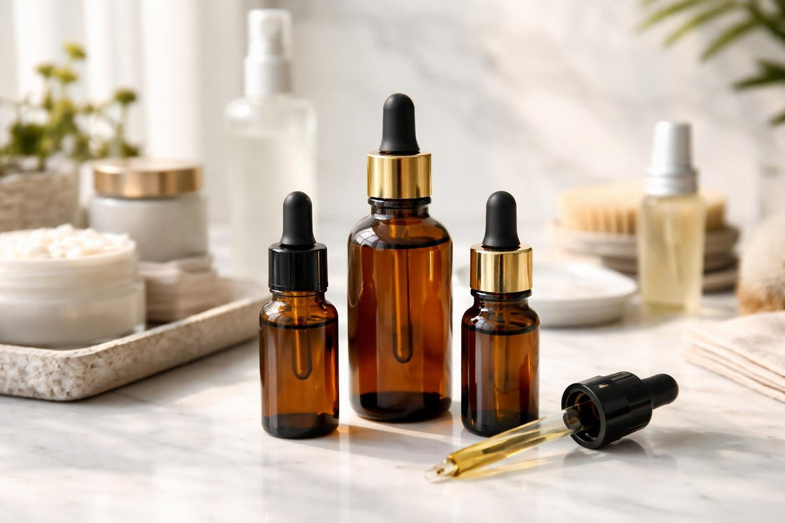 amber glass refillable cosmetic dropper bottles on table