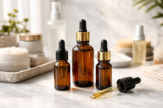 amber glass refillable cosmetic dropper bottles on table