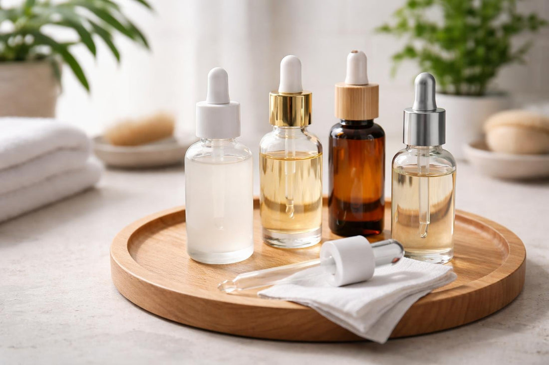 Refillable cosmetic dropper bottles on wooden tray