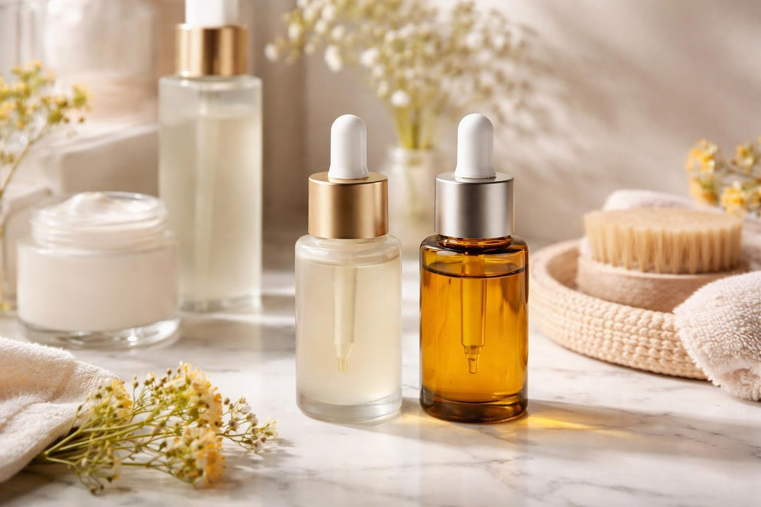 Refillable cosmetic droppers beside seasonal skincare essentials