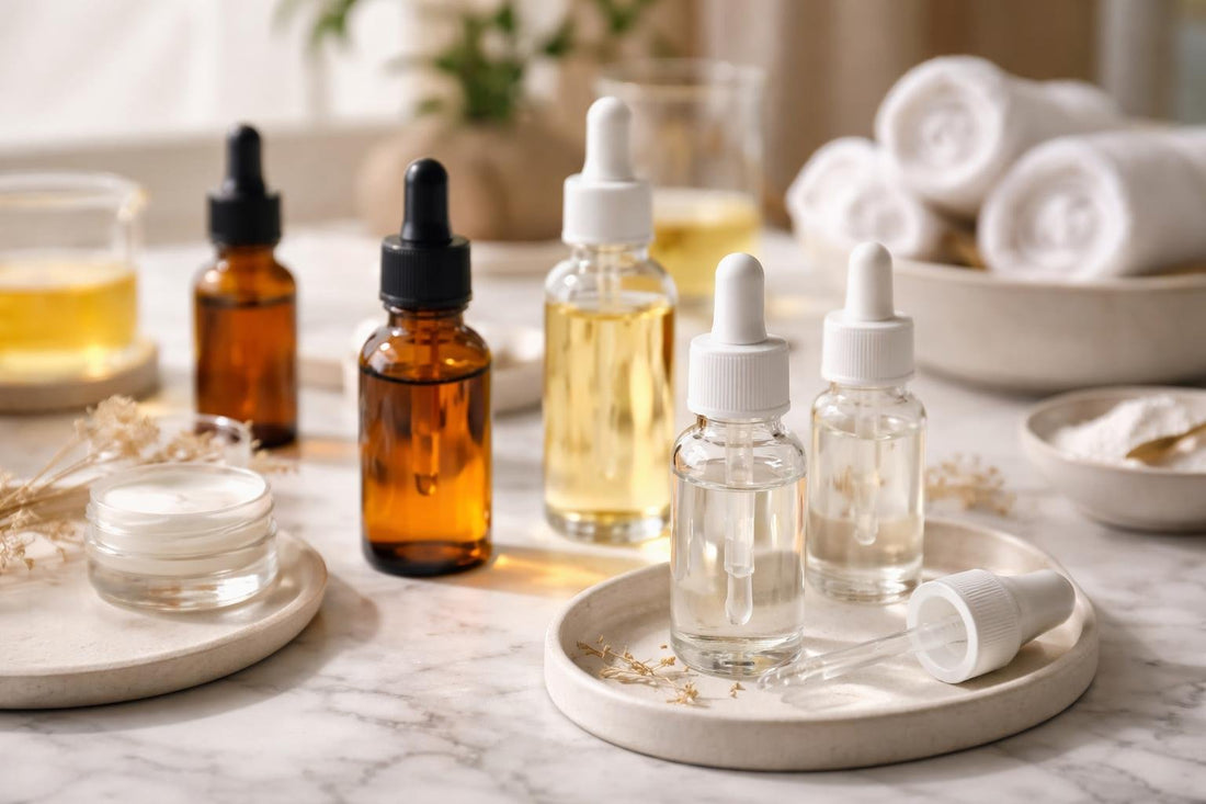 Refillable glass droppers and amber cosmetic bottles