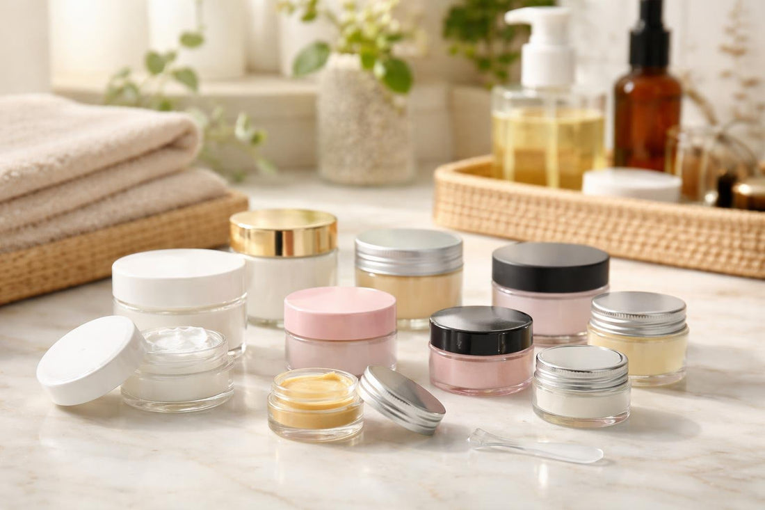 Assorted refillable cosmetic jars for travel and DIY