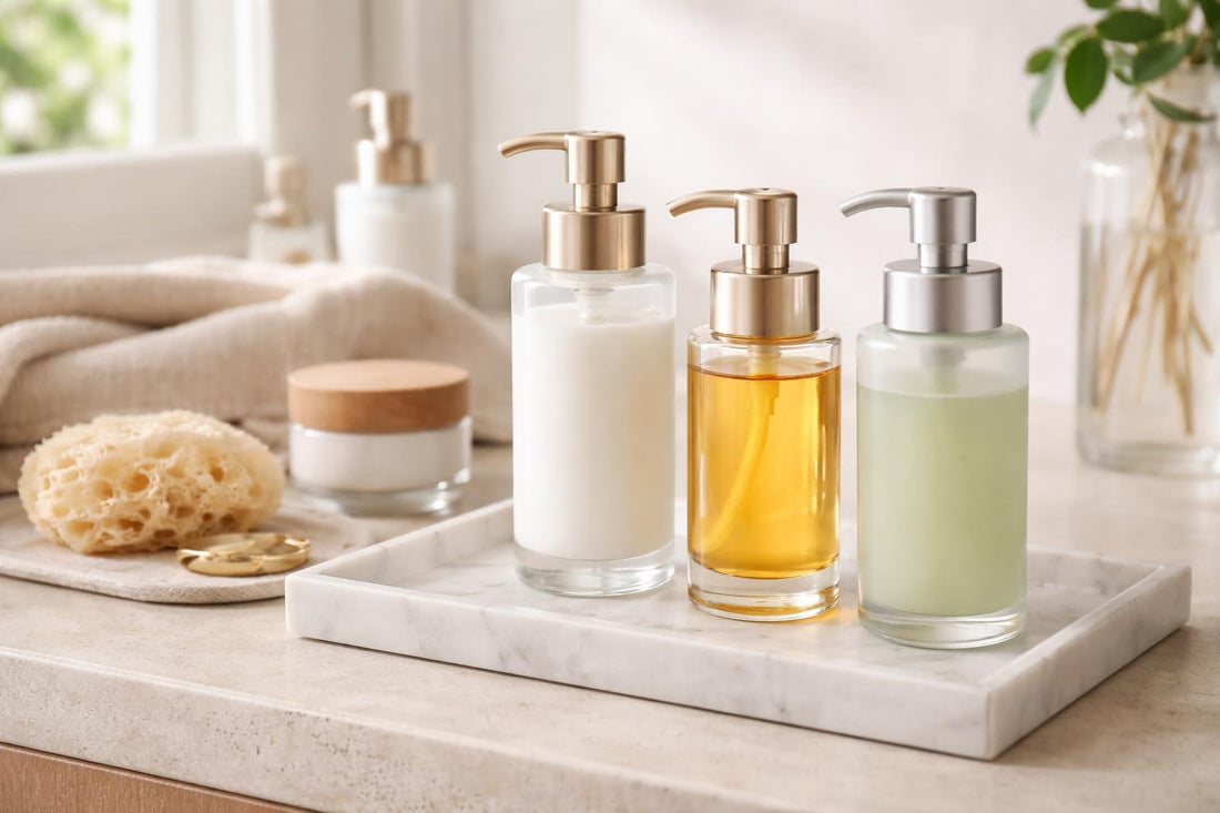 Refillable cosmetic pump dispensers on a clean bathroom vanity