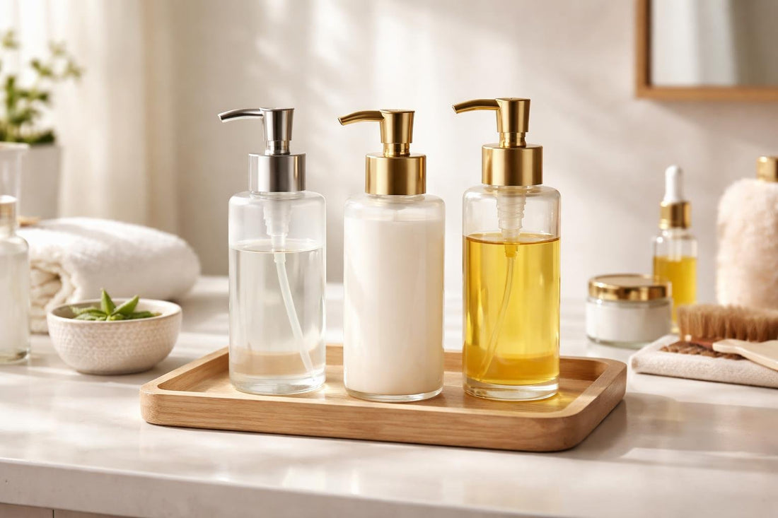 Refillable cosmetic pump dispensers on clean bathroom counter