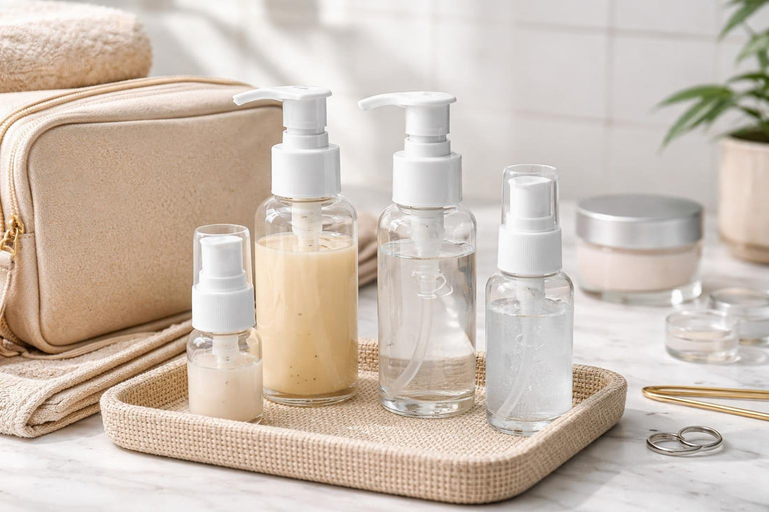 Travel-ready refillable cosmetic pump dispenser set