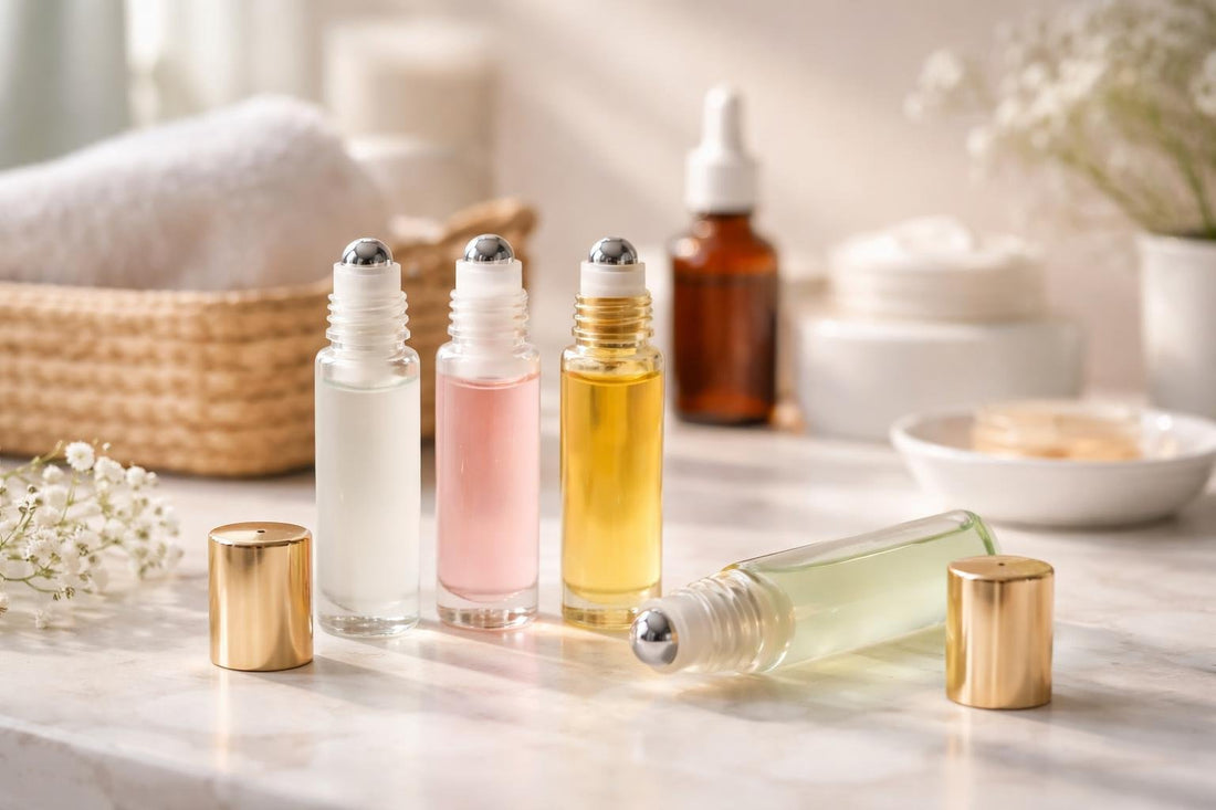 Refillable cosmetic roller bottles for travel skincare blends