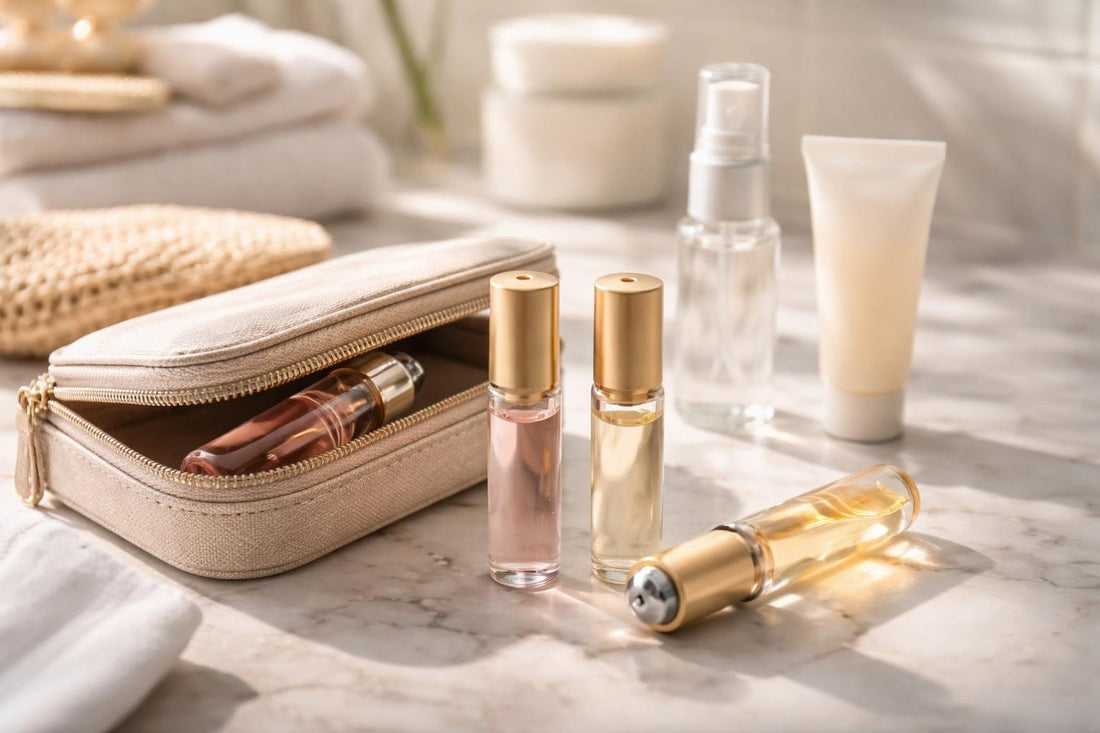 Glass refillable roller bottles with travel case