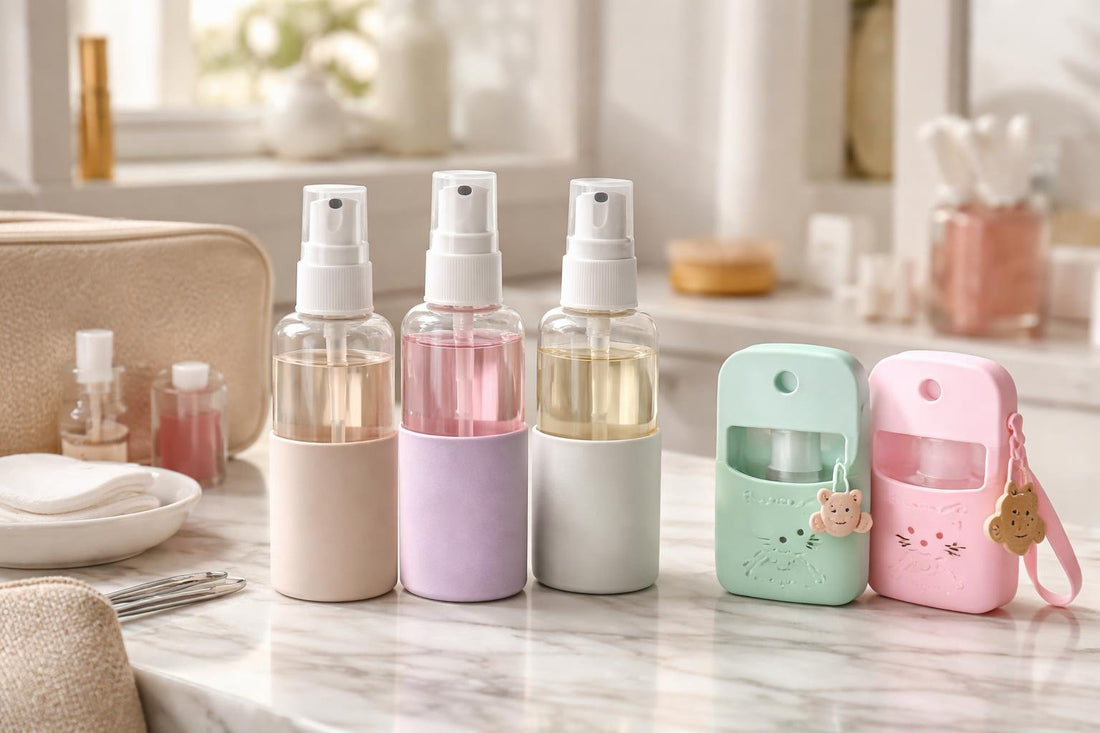 refillable cosmetic spray bottles and protective sleeves